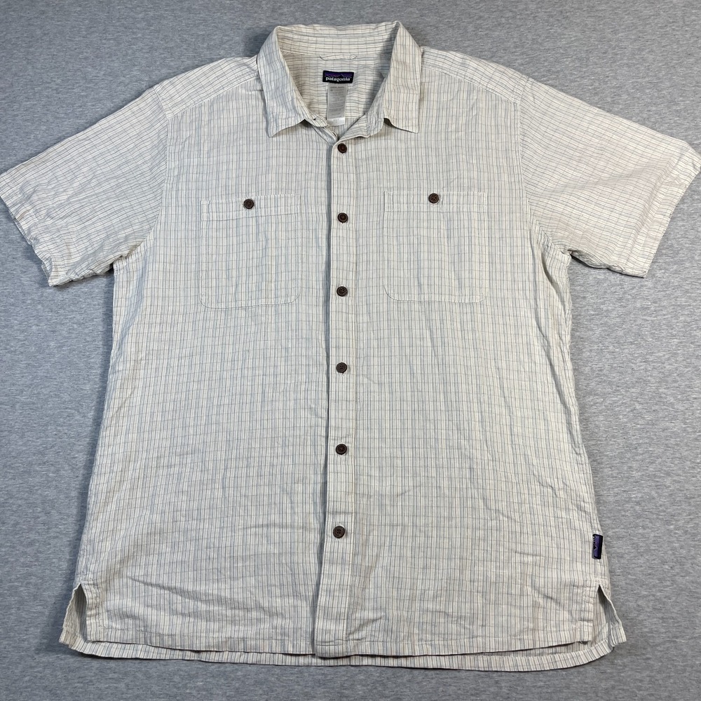 Patagonia Men L Hemp Cotton Button Shirt Beige Blue Striped AC Travel Short Slv